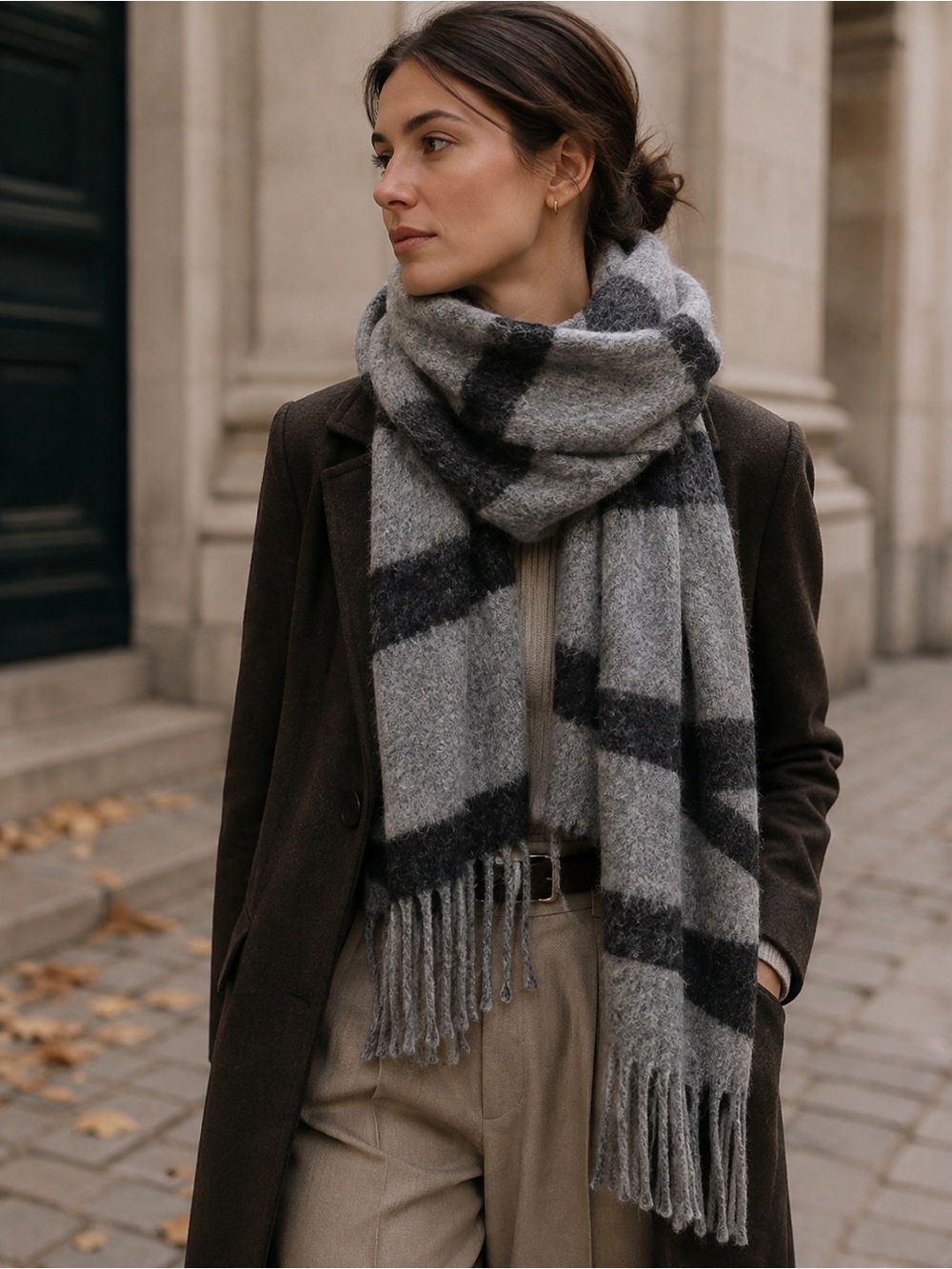 Wolsey Lambswool Gray Geometric Fringe Scarf Wrap Winter Quiet Luxury Fall